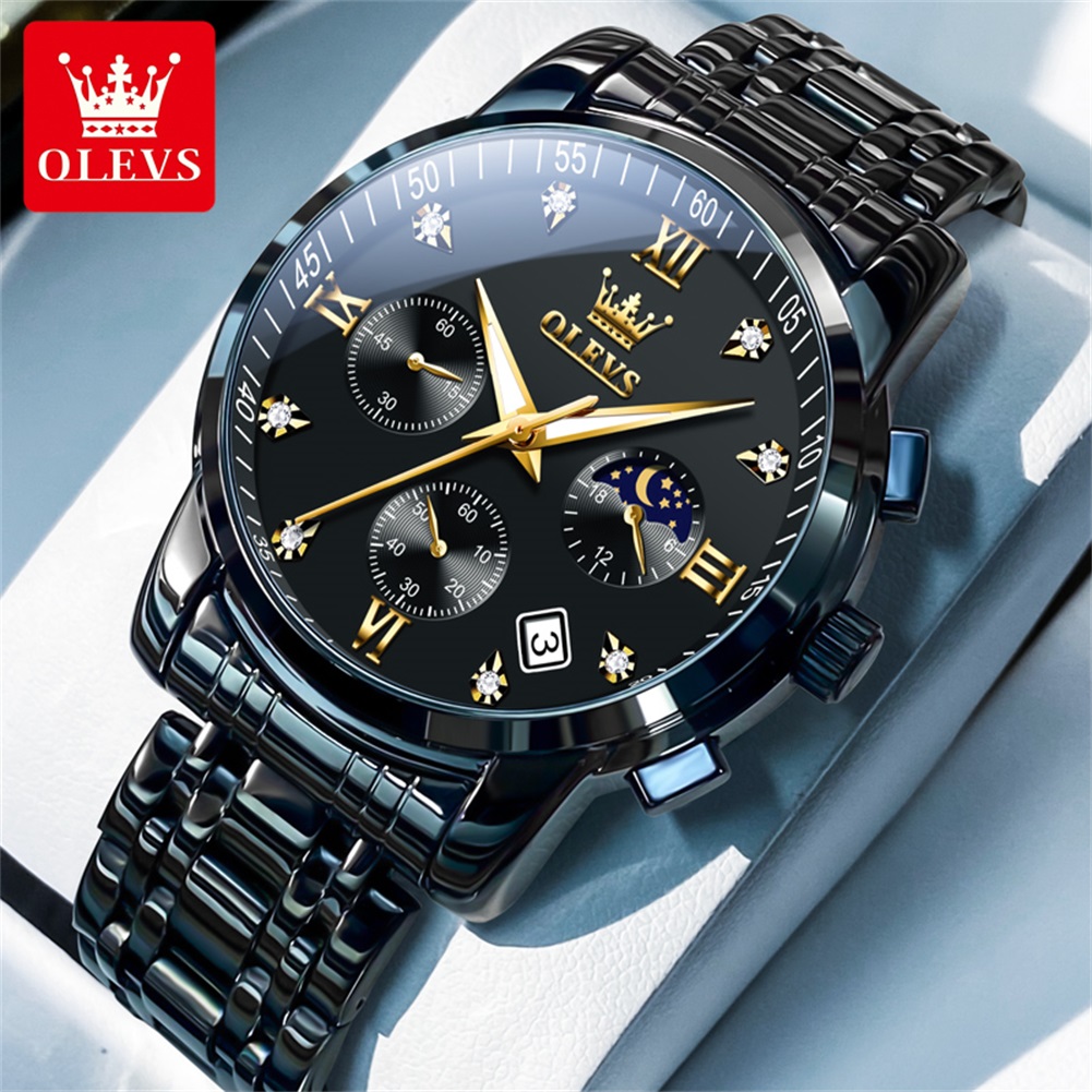Smartwatch Watches For Men Brands - OLEVS นาฬิกาผู้ชายยอดนิยมสแตนเลสสีดำมูนเฟสโครโนกราฟนาฬิกาควอทซ์สำหรับผู้ชายวันที่นาฬิกาข้อมือแบรนด์เดิม