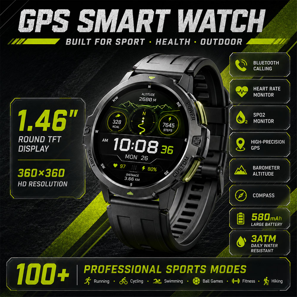 Smartwatch Timex Watches For Men - สมาร์ทวอทช์ GPS ทหารรุ่นใหม่ กันน้ำ 3ATM แบตเตอรี่ขนาดใหญ่