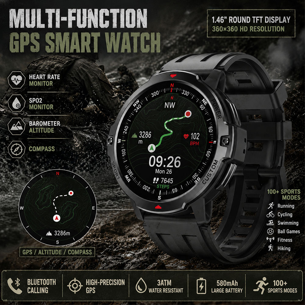 ใหม่ 1.46 นิ้วทหาร GPS สมาร์ทว - Smartwatch Timex Watches For Men บทวิจารณ์และราคา